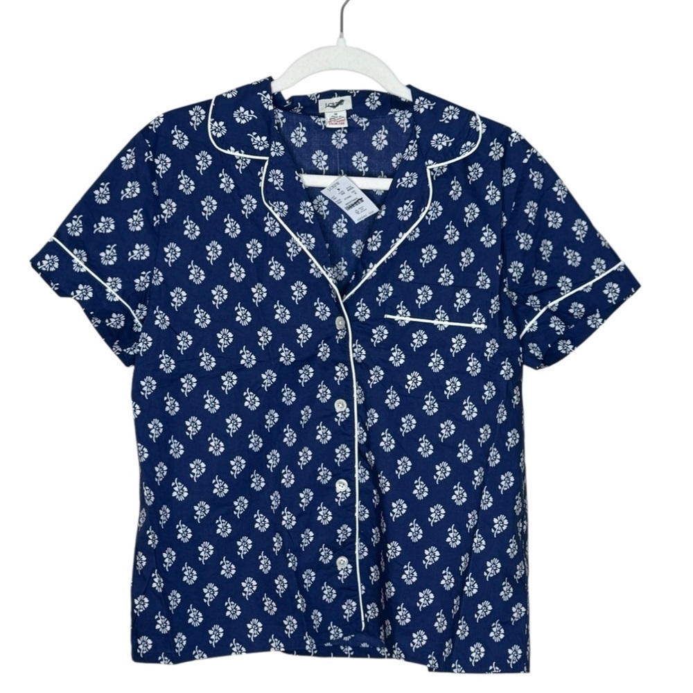 J. Crew Navy Blue Button Down Poplin Pajama Top with White Floral Pattern NWT M - Picture 4 of 11